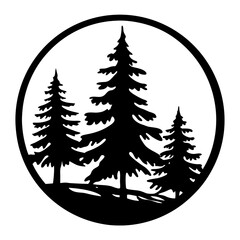 Silhouette of three pine trees in a forest within a circular frame
