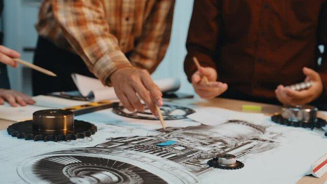 A dynamic team of engineers engages in detailed discussions while examining technical drawings and mechanical components in a modern workspace, fostering collaboration and innovation. SACTR