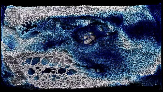 3d render of abstract art video animation 3d background with surreal motion moving festive wavy party balls sphere particles liquid substance in blue white gradient color on black background