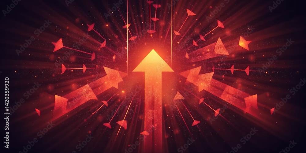 Poster abstract red arrows pointing upward with radiating lines on a dark gradient background