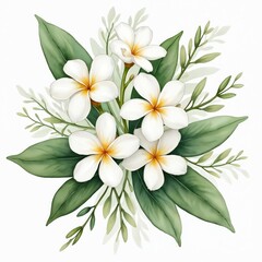 Obraz premium Watercolor painting of jasmine flowers isolated on white background. Hand drawn tropical plumeria blossoms, green leaves, buds, branches composition for design. Floral illustration, clipart.