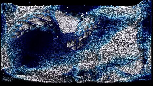 3d render of abstract art video animation 3d background with surreal motion moving festive wavy party balls sphere particles liquid substance in blue white gradient color on black background