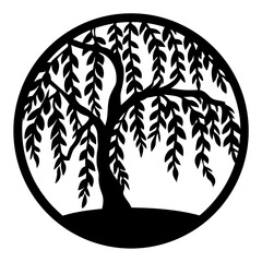 Black and white graphic of a weeping willow tree inside a circle