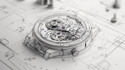 Detail of a watch mechanism surrounded by technical drawings showcasing precision engineering and craftsmanship
