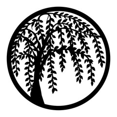 Silhouette of a weeping willow tree inside a circular frame design