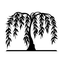 Monochrome Silhouette of a Weeping Willow Tree with Graceful Hanging Foliage