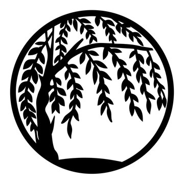 Silhouette of a weeping willow tree inside a circular frame or border