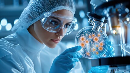 A woman in a lab coat is looking at a petri dish with a virus in it