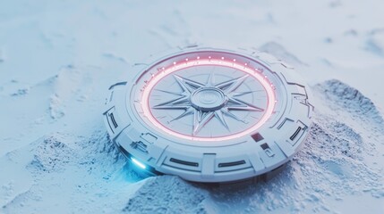 Modern circular device with glowing elements found in snowy landscape at twilight