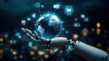 Robot hand holds Earth hologram with digital icons overlaying on dark cityscape. AI global connect