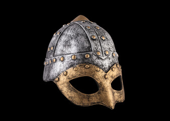 Medieval knight helmet isolated on black background