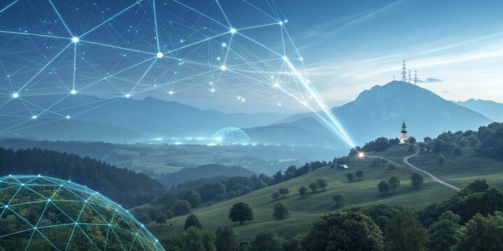 "Paisaje futurista de ciencia y tecnolog&iacute;a con estructuras geom&eacute;tricas flotantes y una red de datos en la nube visualizada como nodos conectados por haces de energ&iacute;a."