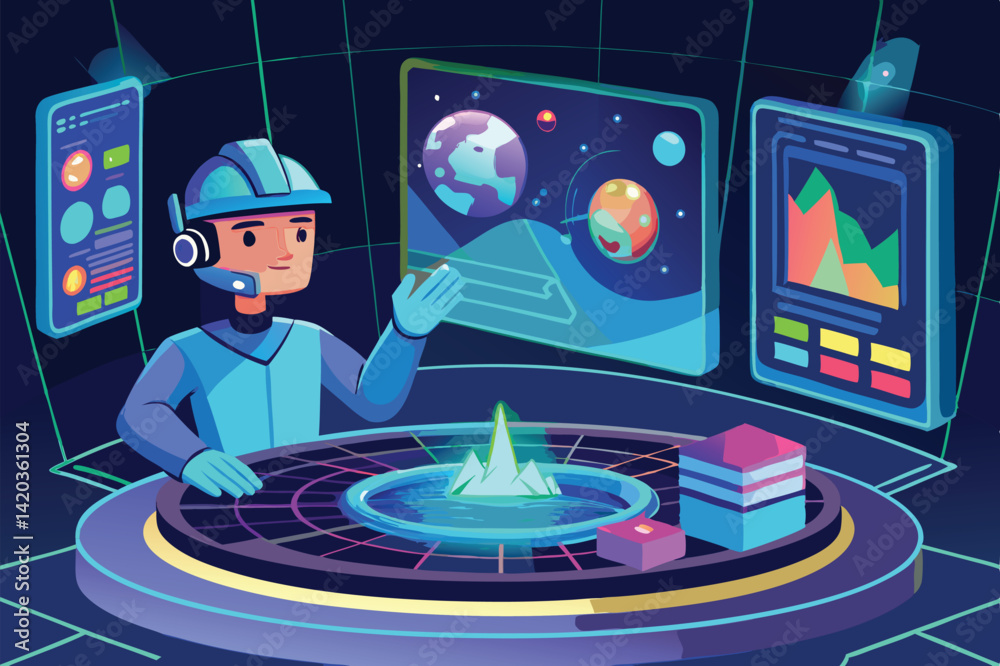 Poster virtual reality exploration with a futuristic character in a data-driven environment showcasing inte