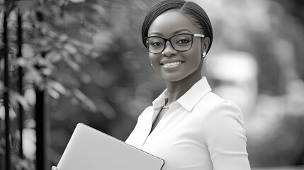 A smiling young woman with curly hair and glasses stands outside a modern building, holding a smartphone and a laptop.