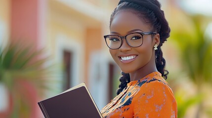 A smiling young woman with curly hair and glasses stands outside a modern building, holding a smartphone and a laptop.