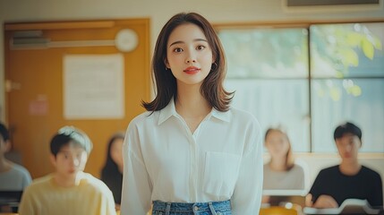 A woman stands confidently in a modern conference room, gesturing as she speaks.