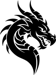 Dragon head, tribal tattoo style, black and white, profile view, fierce expression, detailed scales, sharp horns, stylized curves, sleek design, mythical creature, fantasy art, bold lines