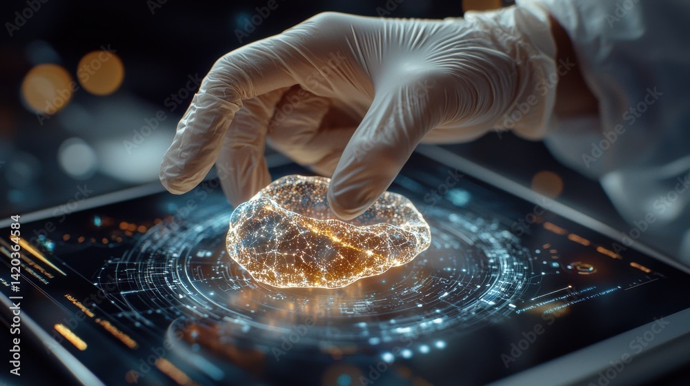 Poster a person is touching a tablet with a brain on it