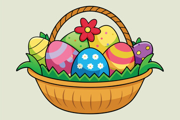 Colorful decorative basket filled with Easter eggs and a flower on a light background during springtime celebration