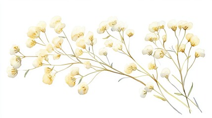 Watercolor illustration showcasing delicate light yellow gypsophilia flowers with refined shading and intricate organic details