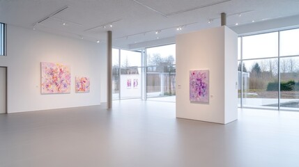 Modern art gallery with abstract paintings