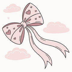 Pink Bow with Hearts Flying in the Clouds Illustration