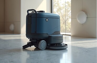 Modern cleaning robot stands in room with white walls, marble floor. Smart machine with washing vacuuming function, equipped with advanced features for floor care, hygiene. Concept of smart house,