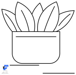 Line art potted plant with five large leaves, showcasing clean simplicity. Ideal for nature, home decor, sustainability, gardening, growth ideas, eco-living wellness. Modern flat simple metaphor