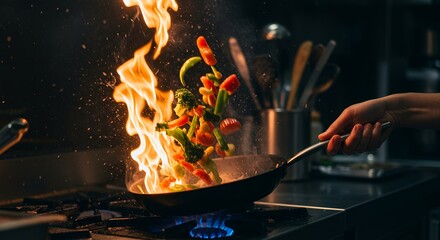 Fiery chef cooks vegetables in a pan sparks flying