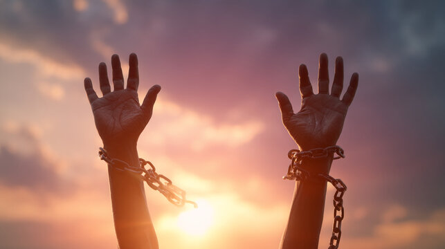 Chained hands raised towards a sunset sky, symbolizing freedom, hope, and overcoming adversity.  Powerful image for social justice or spiritual themes.