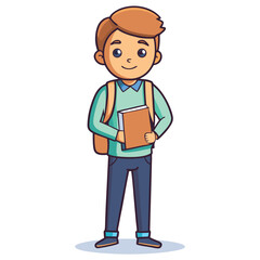 Happy Student Boy Holding Book with Backpack Cartoon Illustration