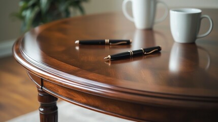 Fototapeta premium Elegant wooden table setting with pens and coffee cups in a cozy indoor environment during daylight