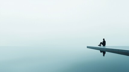Person sitting alone on the edge of a tranquil infinity pool overlooking a foggy landscape at dawn