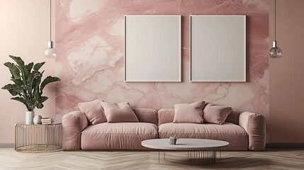 Modern Living Room with Pink Accents and Minimalist Decor