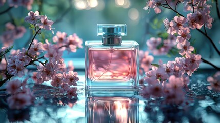 Pink perfume bottle, surrounded by cherry blossoms.  Elegant, spring-like