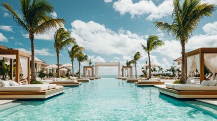 Fototapeta premium Luxurious resort pool area with palm trees and ocean view under a clear sky in a tropical paradise