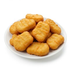 Pile of golden chicken nuggets on a plate isolated on white background