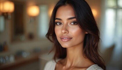 Fototapeta premium Stylish Indian woman with straight brunette hair, flawless skin in beauty salon. Portrait highlights cosmetic procedures. Model has perfect make-up. Beauty, glamour, health, spa, well-being. Pro look.
