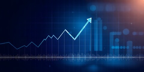 Digital blue background with upward trending arrow and waveform representing growth and progress