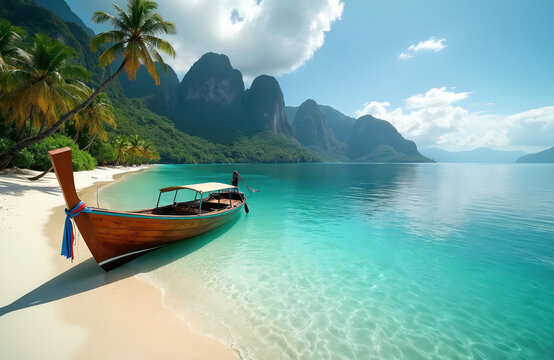 Wooden boat on tropical beach with crystal clear turquoise water, palm trees, mountains background. Idyllic vacation, travel concept. Calm sea lagoon, white sand beach under blue sky with clouds.