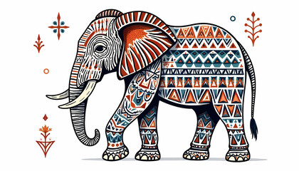 Obraz premium A beautifully illustrated elephant in tribal patterns, standing gracefully on a white backdrop.