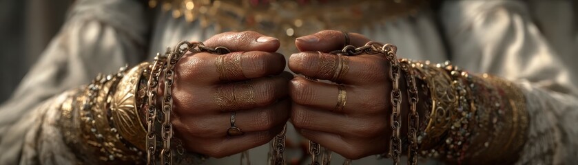 Fototapeta premium A close-up of adorned hands holding chains, showcasing intricate jewelry and a sense of cultural significance.
