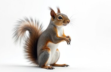 Obraz premium Squirrel stands on hind legs against clean white background. Playful rodent stands, looks alert with paws slightly raised. Wildlife concept, nature, animal, pet. Cute, fluffy, bushy tail, detailed