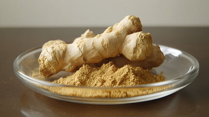 A plate with a piece of ginger root and some powder on it