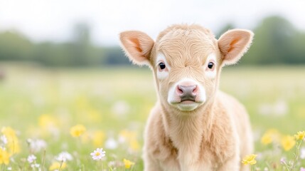 Obraz premium Adorable Calf in Spring Meadow, Soft Focus, High-Definition, Close-up Portrait, Gentle Fur Texture, Peaceful Gaze, Blooming Wildflowers, Warm Golden Hues, Ideal for Animal Calendars