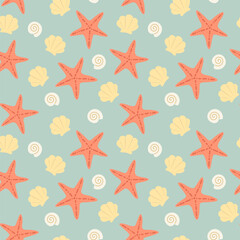 Sea seamless pattern with scallop, starfish. Vector seashells in flat style. Summer vacation, travel background.