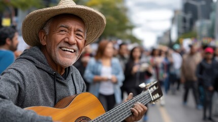 Elderly Man Playing Acoustic Guitar and Singing at Street Festival with Crowds in Background