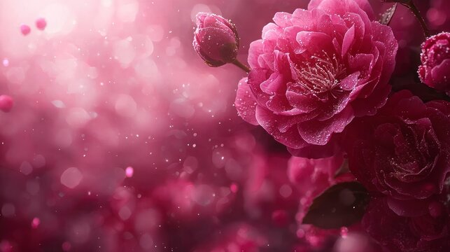 Blooming pink roses with bokeh, dew and soft light - Powered by Adobe