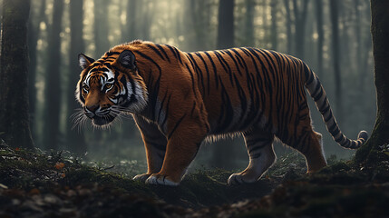 Majestic Tiger Walking Through a Dark Forest
