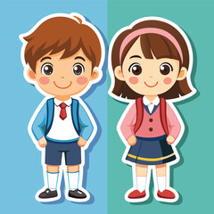 Cute Cartoon Elementary Students in School Uniforms